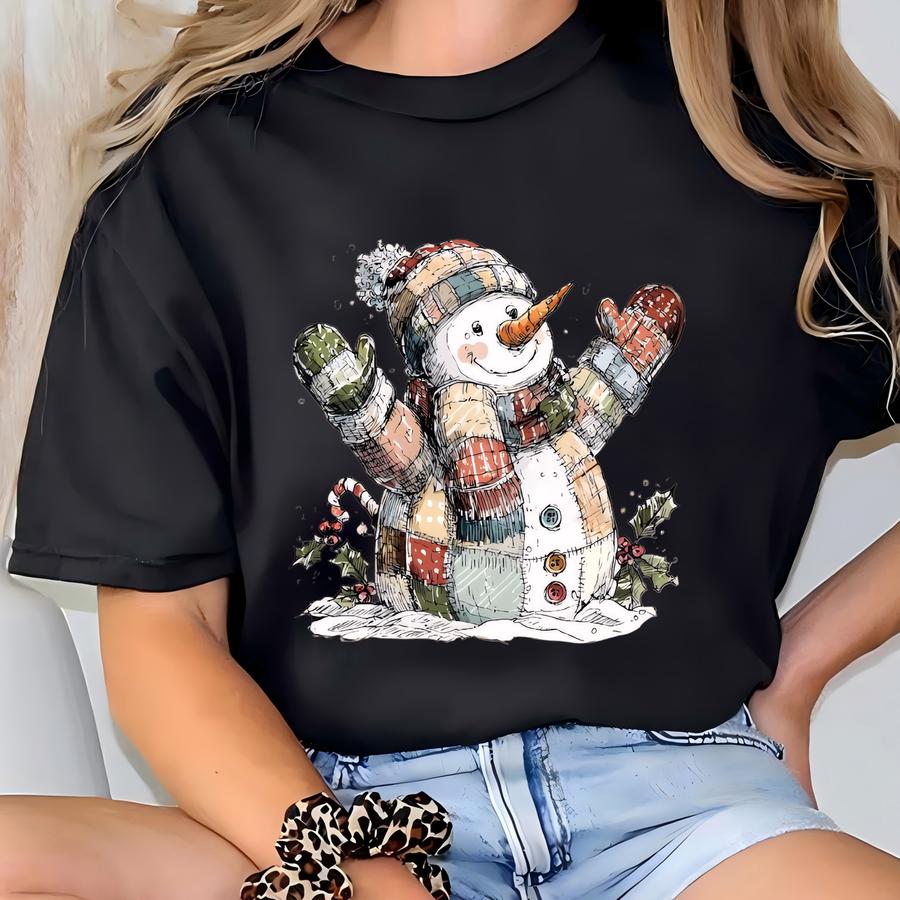 Patchwork Snowman Sweatshirt, Cozy Christmas Hoodie, Rustic Winter Hoodie, Cute Holiday Graphic Sweater For Women, Farmhouse Xmas Party Gift T-shirt