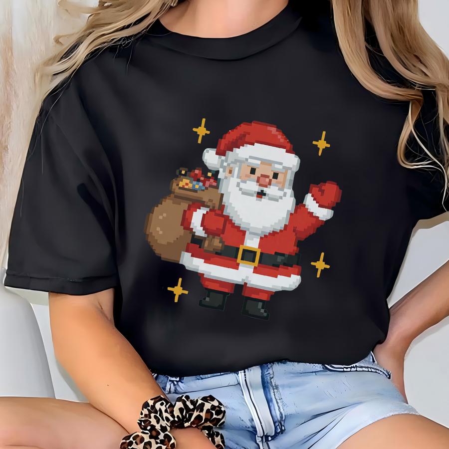 Ugly Christmas Santa Shirt, Pixel Art Santa Long Sve Shirt, Vintage Funny Holiday Shirt, Retro Gamer Christmas Shirt T-shirt