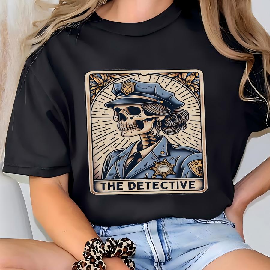Detective Shirt, ® Female Police Officer Tarot Card Hoodie, Skeleton Detective Halloween Tee, Funny Gift For Police Officer T-shirt