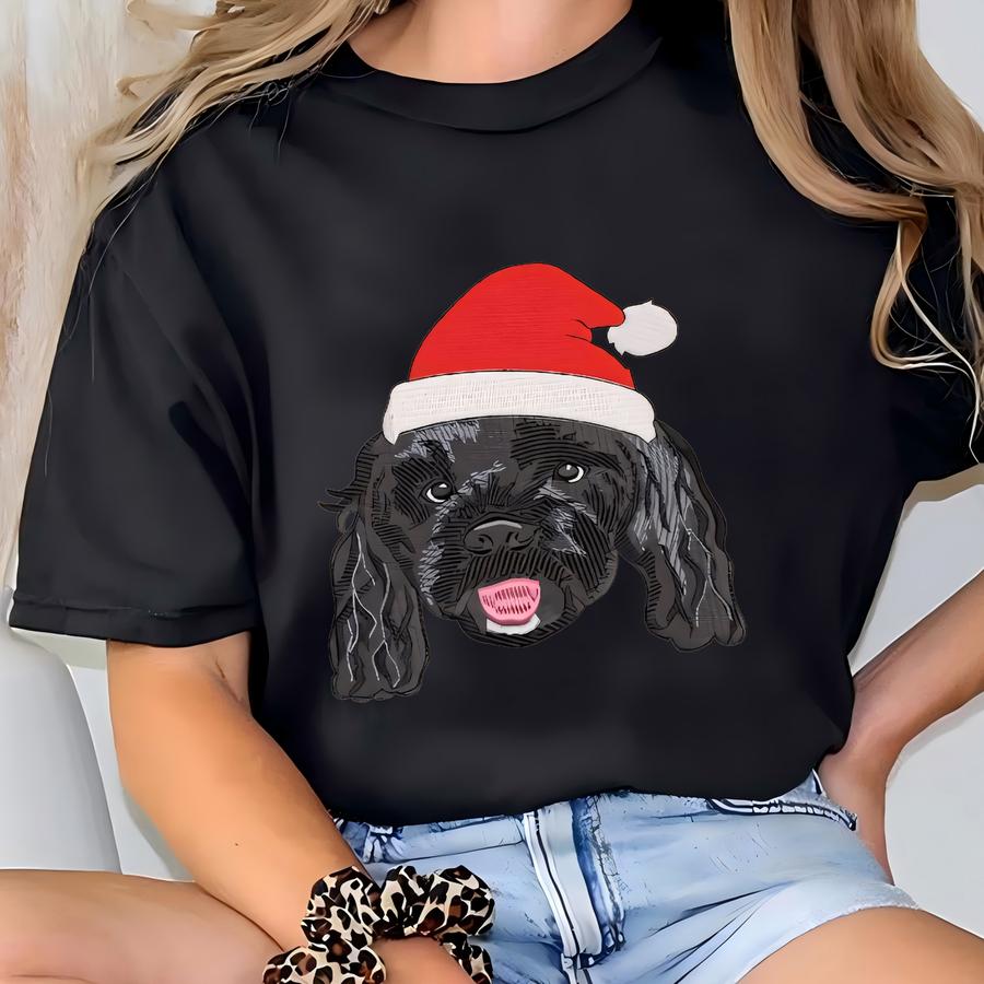 Custom Pet Portrait Quarter Zip Sweatshirt, Personalized Dog Santa Hat Y Sweatshirt, Dog Mom Xmas Gift, Dog Lover Tee T-shirt