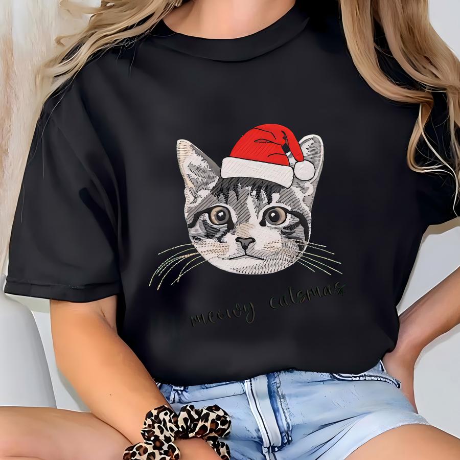 Custom Pet Portrait Quarter Zip Sweatshirt, Personalized Cat Santa Hat Y Sweatshirt, Dog Mom Xmas Gift, Cat Lover Tee T-shirt