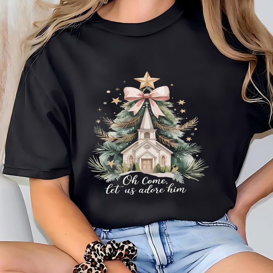 Oh Come Let Us Adore Him Shirt, Religious Christmas Sweatshirt, Christian Christmas Sweater, Christian Christmas Tree, Jesus Nativity Sweat T-shirt