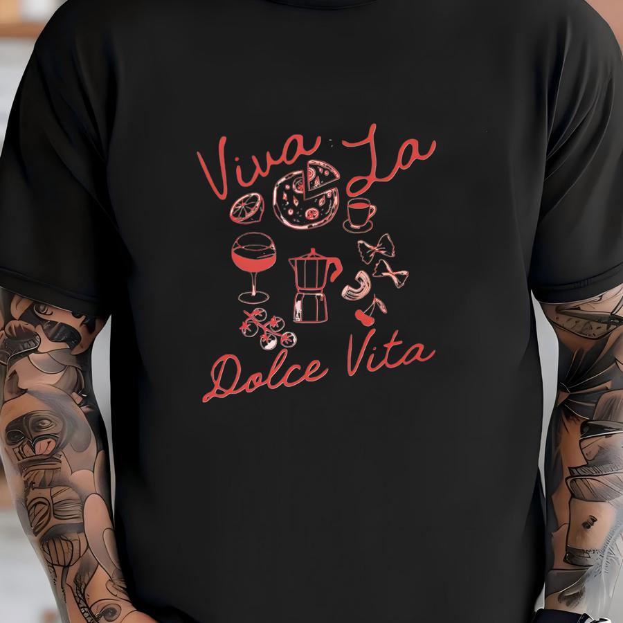 Viva La Dolce Vita Cotton Canvas Tote | Boho Style Italian Food, Wine, Coffee Theme | Eco Reusable Grocery, Farmers Market Tote | Gift T-shirt