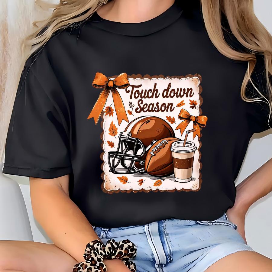 Touch Down Season Shirt, , Coquette Bow Football Shirt, Football Mom Shirt, Football Lover Shirt, Sports Mom Shirt, 163899 T-shirt