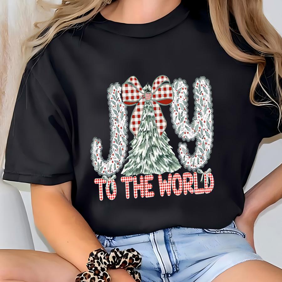 Joy To The World Sweatshirt, Christian Christmas Hoodie, Jesus Xmas Sweater, Holiday Crewneck For Women, Christmas Tree Bow Sweatshirt T-shirt