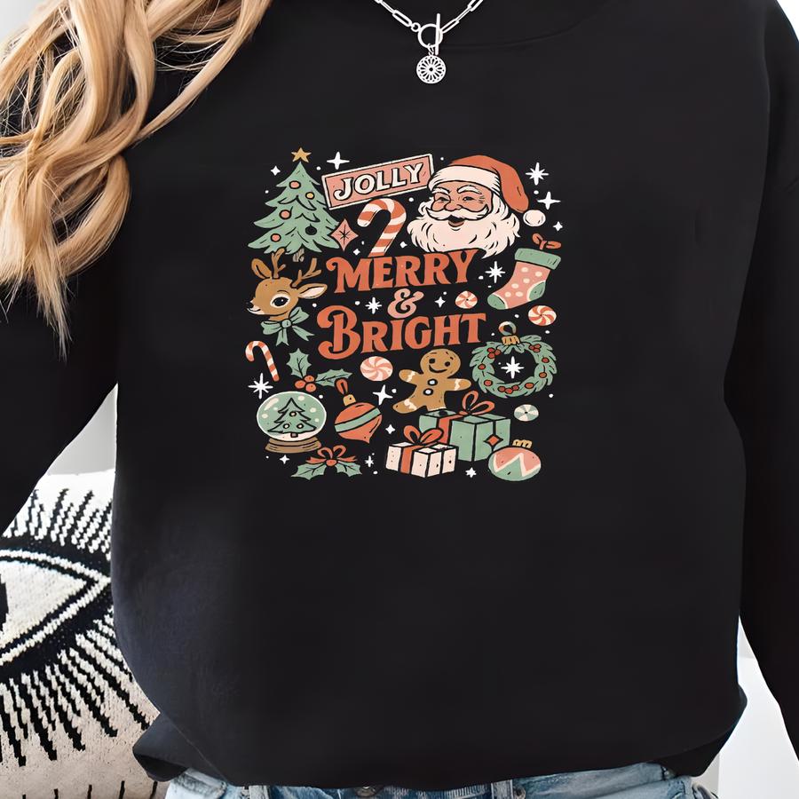 Merry And Bright Shirt, Christmas Doddles Shirt, Santa Claus Shirt Winter Season Gift For Women, Xmas Tree Shirt, Gingerbread Sweatshirt