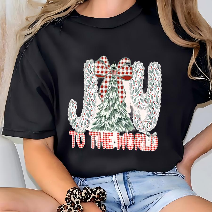 Christian Christmas Shirt, Joy To The World Tshirt, Holiday Crewneck Women Xmas Shirt, Cute Jesus Christmas Tree, Christmas Coquette Bow Tee T-shirt