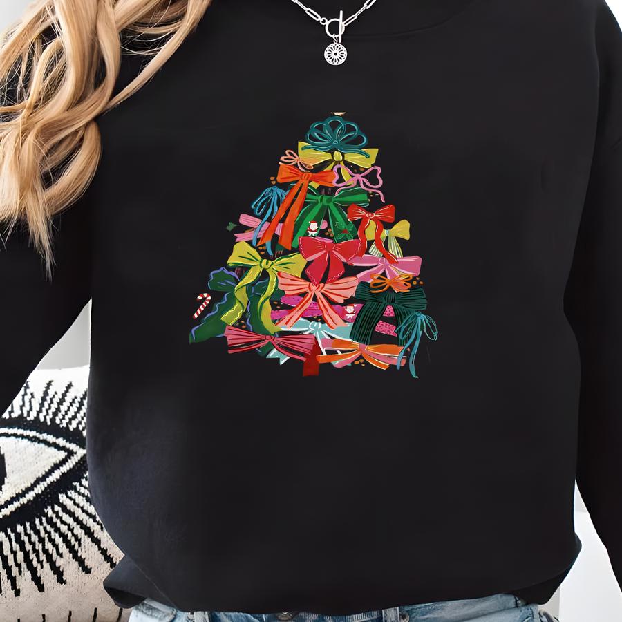 ® Colorful Bow Christmas Tree Shirt, Cute Holiday Gift Tee For Women, Festive Graphic Tee, Girly Christmas Shirt Sweatshirt