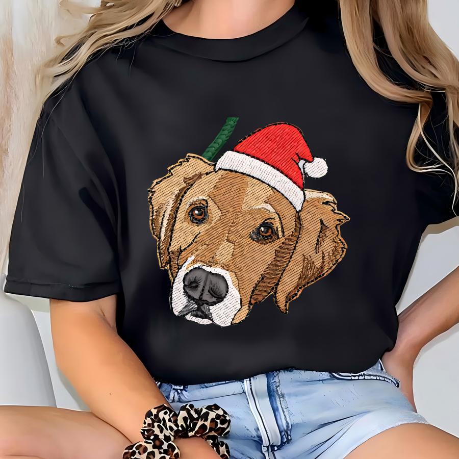 Custom Pet Portrait Hoodie, Personalized Dog Santa Hat Y Sweatshirt, Dog Mom Gift, Christmas Gifts, Dog Lover Tee T-shirt