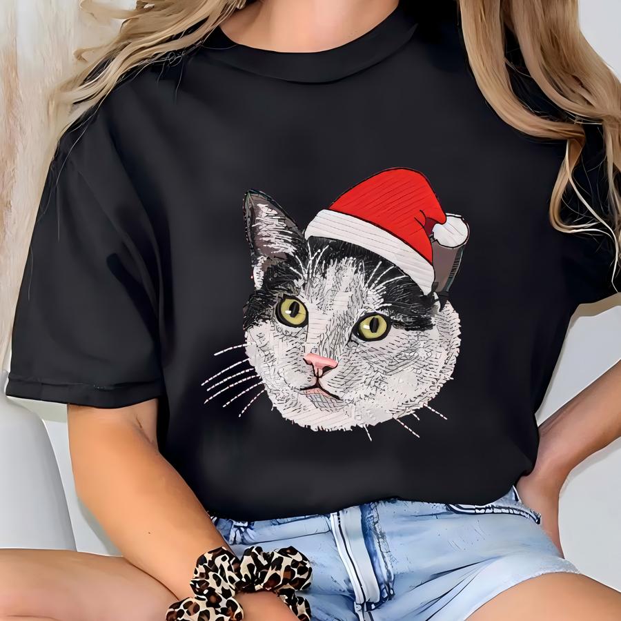 Custom Pet Portrait Quarter Zip Sweatshirt, Personalized Dog Santa Hat Y Shirt, Dog Mom Christmas Gifts, Dog Lover Tee T-shirt