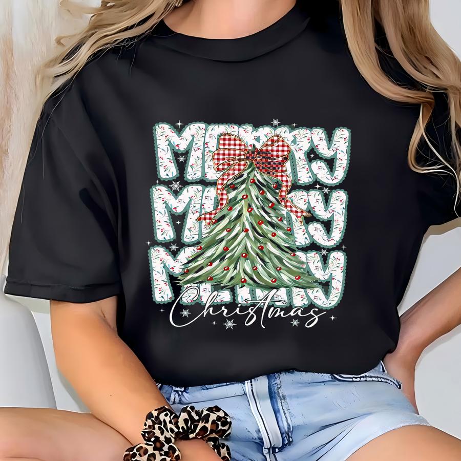 Coquette Floral Merry Christmas Sweatshirt, Preppy Checkered Bow Tree Shirt, Faux Glitter Holiday Crewneck, Cute Xmas Gift Pullover T-shirt
