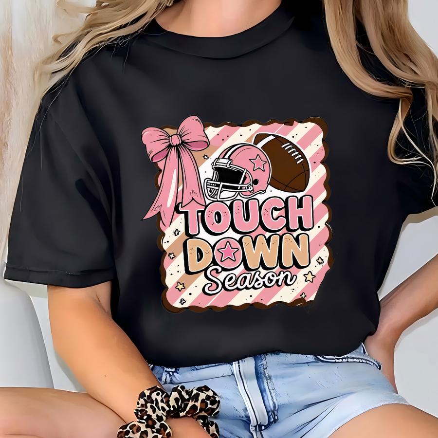 Touch Down Season Shirt, , Coquette Bow Football Shirt, Football Mom Shirt, Football Lover Shirt, Sports Mom Shirt, 163897 T-shirt