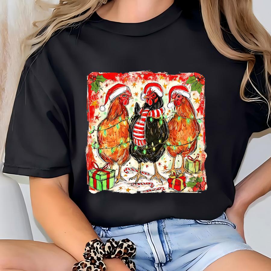 Brushstroke Chicken Christmas Sweatshirt, Chicken Santa Hat Tshirt, Xmas Chicken Mom Hoodie, Holiday Season Shirt, Farm Lover Gift T-shirt