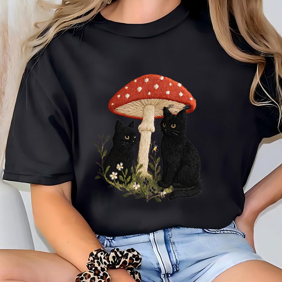 Two Black Cats Under Giant Mushroom Sweatshirt, Floral Wreath Cottagecore Gift, Witchy Feline Lover Pullover, Aesthetic Apparel T-shirt
