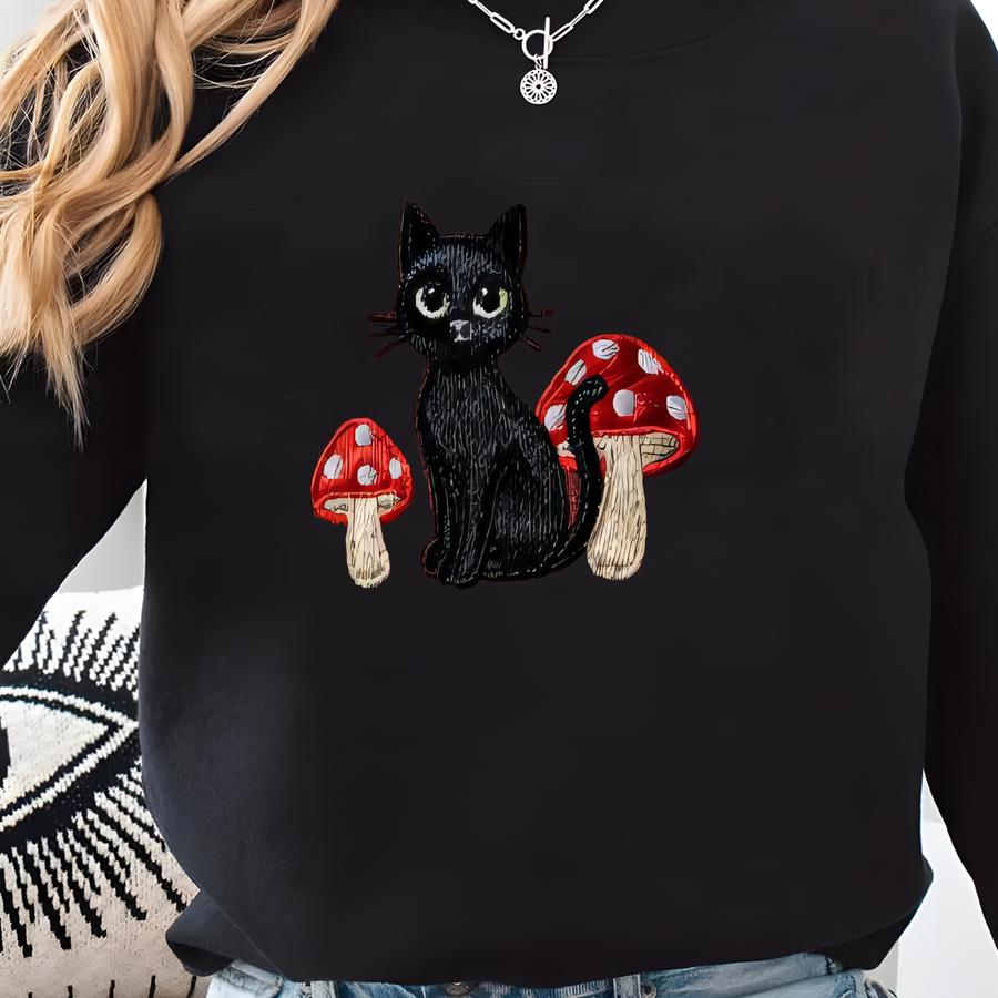 Cute Black Cat With Green Eyes And Mushrooms Sweatshirt, Adorable Feline Goblincore Design, Unique Cat Lover Gift Sweatshirt
