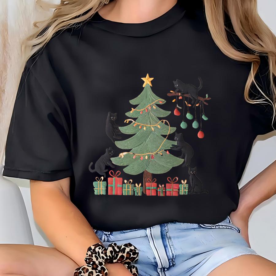 Christmas Tree And Cat Sweatshirt, Cute Christmas Shirt, Cat Owner Christmas Gift, Cat Lover Xmas Shirt, Christmas Tree Shirt T-shirt
