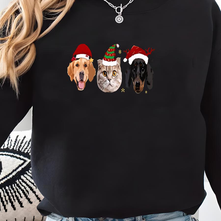 Custom Christmas Pet Shirt Dog Holiday Photo Tee With Name Personalized Ugly Christmas Dog T-shirt With Picture Custom Cat Holiday Shirt Sweatshirt