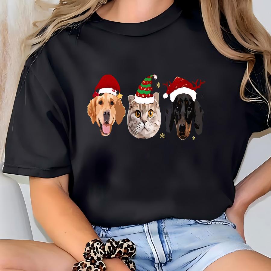 Custom Christmas Pet Shirt Dog Holiday Photo Tee With Name Personalized Ugly Christmas Dog Hoodie With Picture Custom Cat Holiday Shirt T-shirt