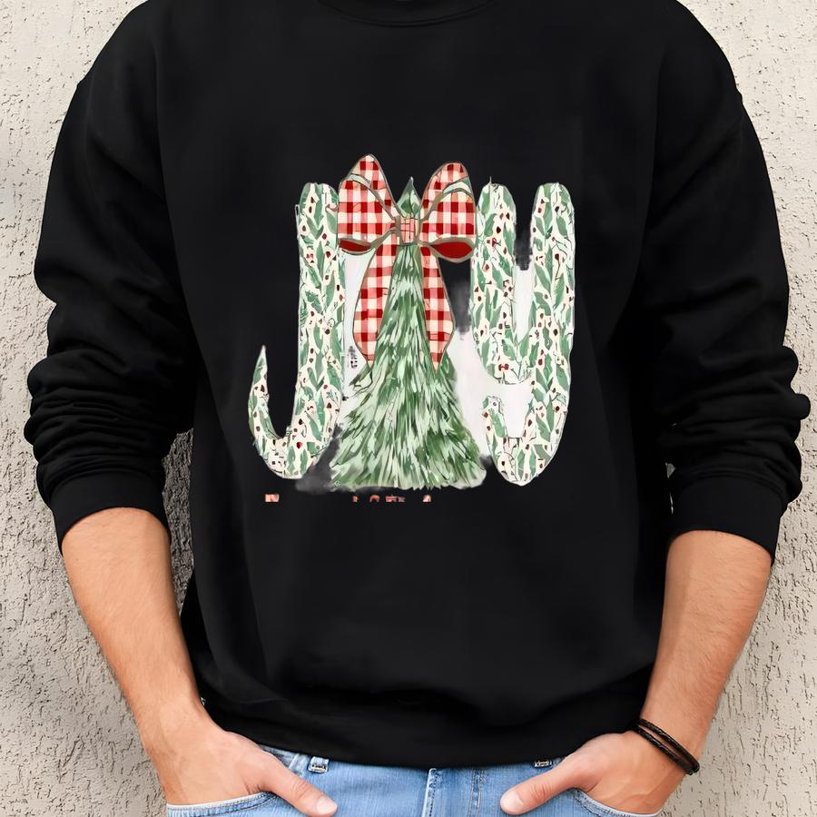 Joy To The World Christmas Shirt, Candy Cane Holiday Tee, Cute Tree Bow Graphic T-shirt, Festive Winter Top, Cozy Xmas Gift For Women Sweatshirt