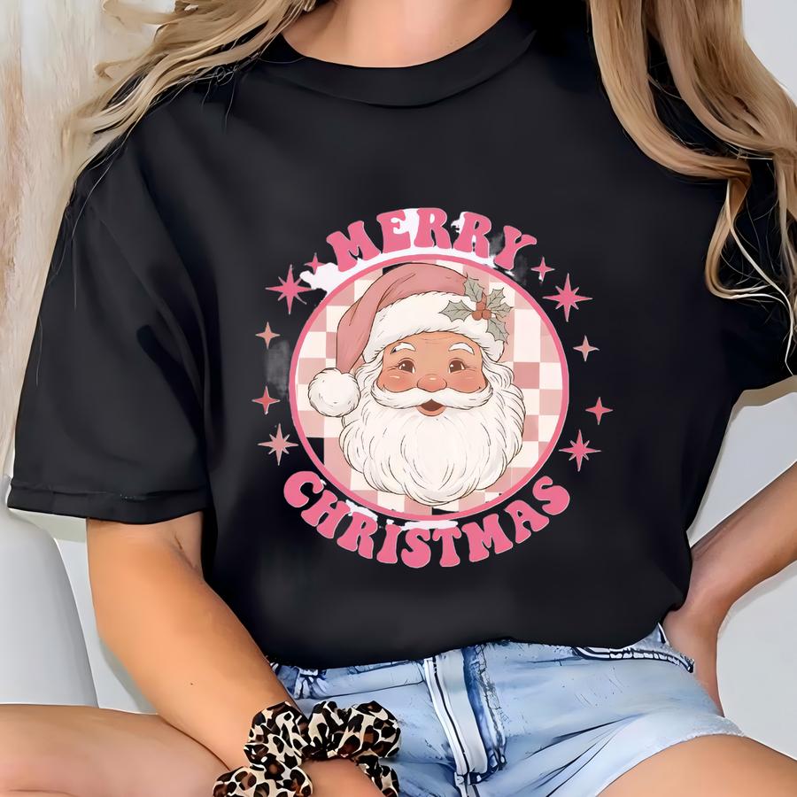 Pink Santa Retro Christmas Hoodies Sweatshirts For Women Pink Christmas Matching Family Sweaters Pink Vintage Holiday Crewneck Group Party T-shirt