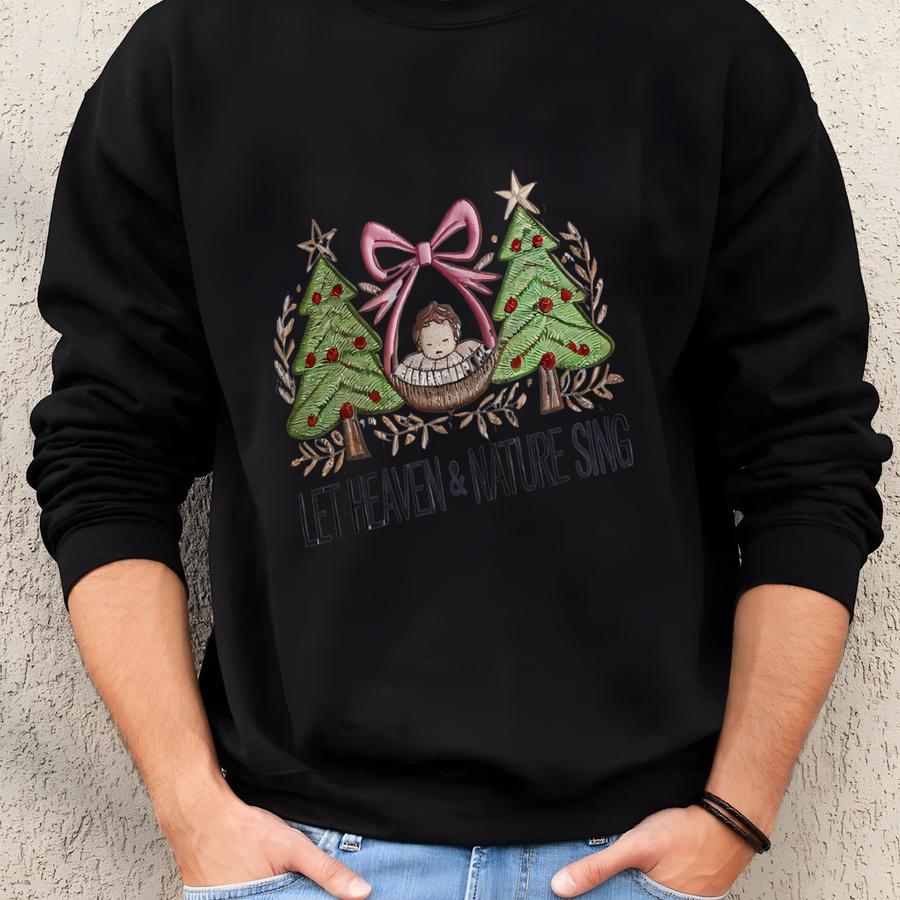 Heaven And Nature Sing Sweatshirt, Whimsical Christmas Nativity Bow Trees Shirt, Christian Nativity , Christian Christmas Sweatshirt