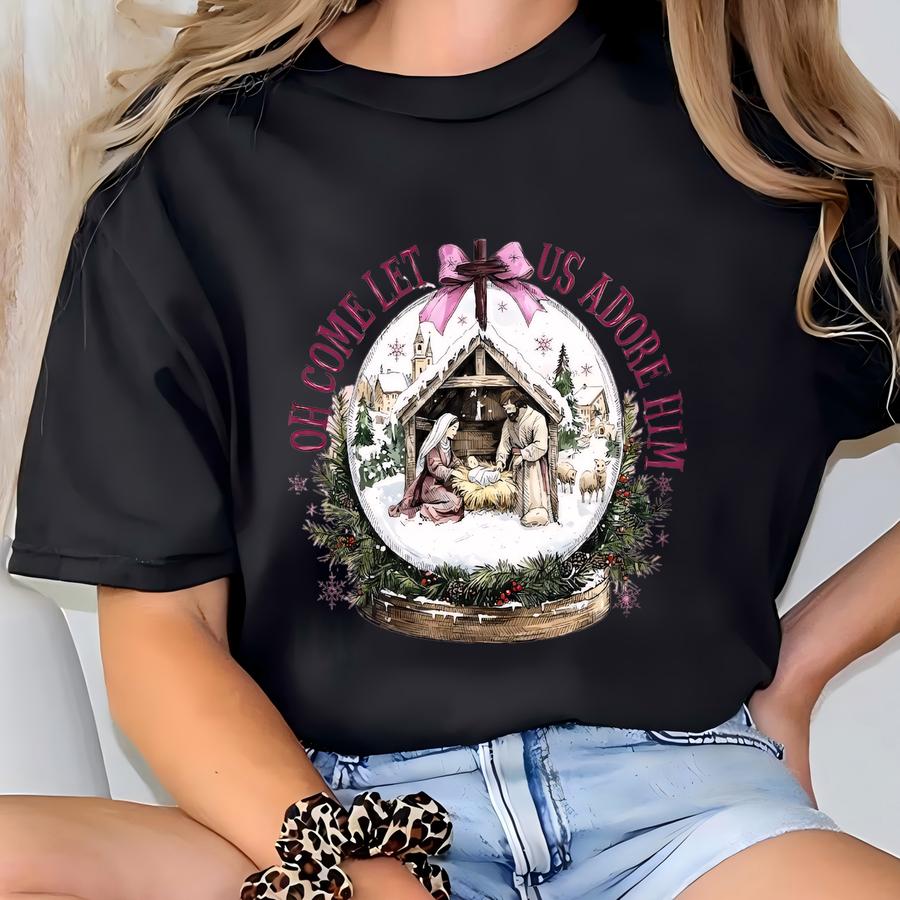 Oh Come Let Us Adore Him Sweatshirt, Jesus Christmas Sweater, Pink Coquette Christmas Tree Hoodie, Christian Christmas Shirt T-shirt