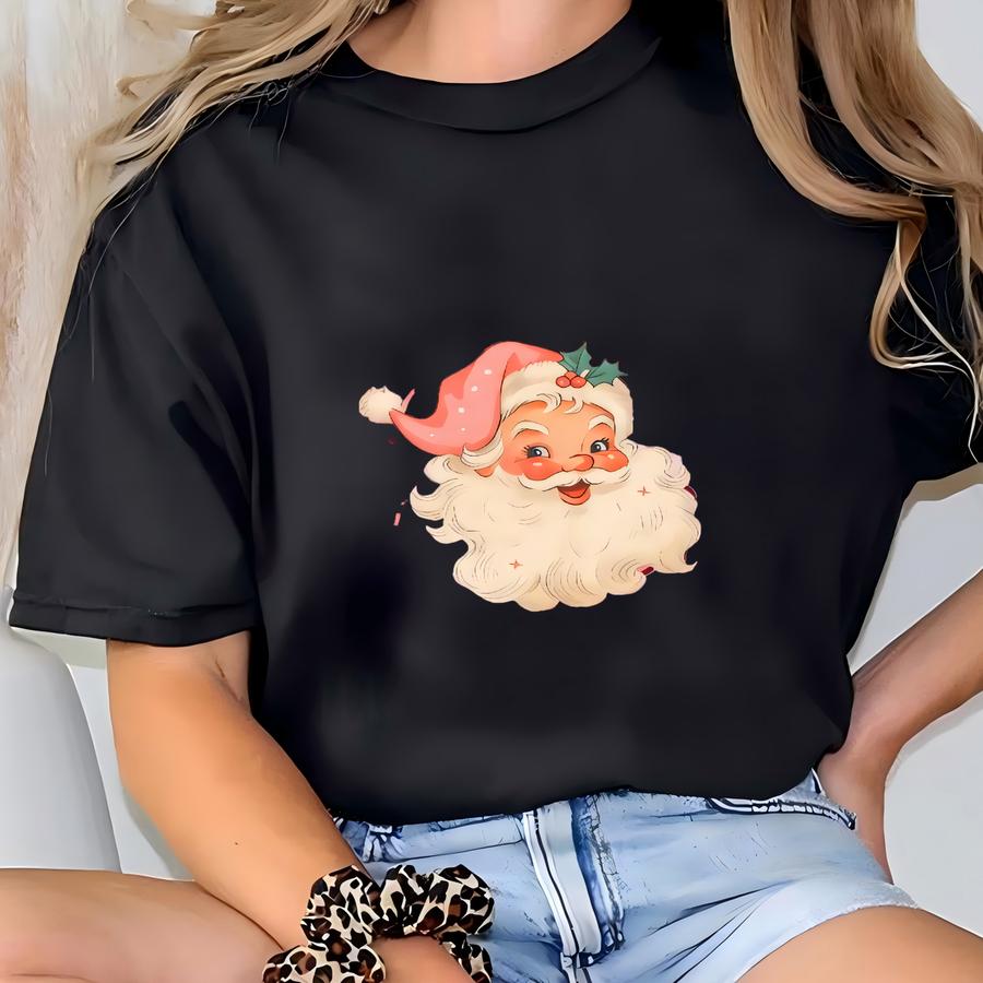 Pink Santa Retro Christmas Hoodies Sweatshirts For Women Pink Christmas Matching Family Sweaters Pink Vintage Holiday Crewneck Group Party T-shirt