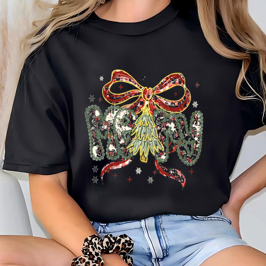 Christmas Bow Tree Shirt, Merry Christmas Shirt, Holiday Shirt For Women, Xmas Coquette Bow Shirt, Christmas Party Gift, Girly Shirt T-shirt