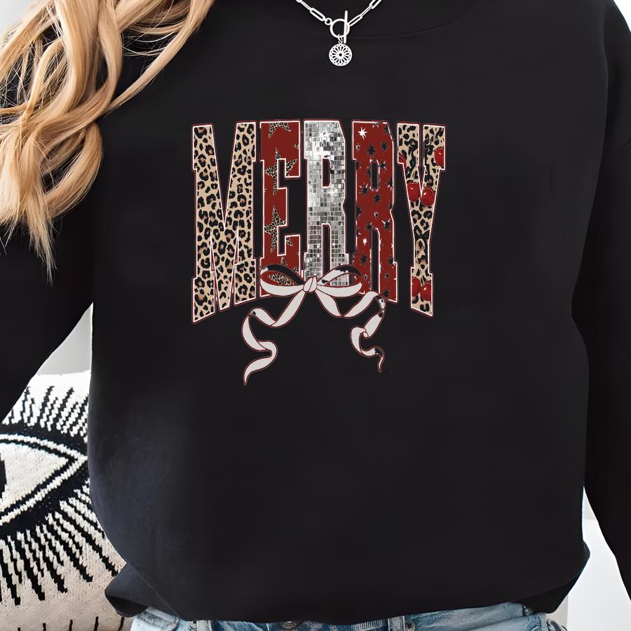 Merry Christmas Sweatshirt Or Tee | Retro Leopard Christmas Shirt | Disco Ball Holiday Top | Festive Bow Xmas | Merry Christmas Tee Sweatshirt