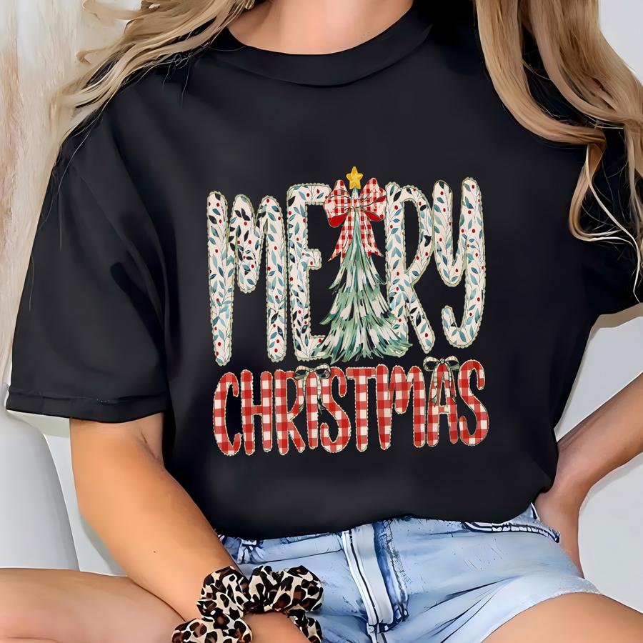 Merry Christmas Tree Shirt, Coquette Tree Shirt, Floral Holiday Women Gift, Christmas Party Shirt, Preppy Xmas Tee, Christmas Plaid Letters T-shirt