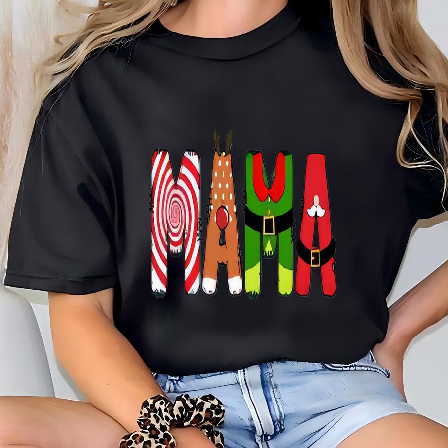 ® Personalized Christmas Mama With Kid Name Shirt, Custom Grandma Gift, Christmas Ornament, Xmas Mimi Shirt, Holiday Women Tee T-shirt