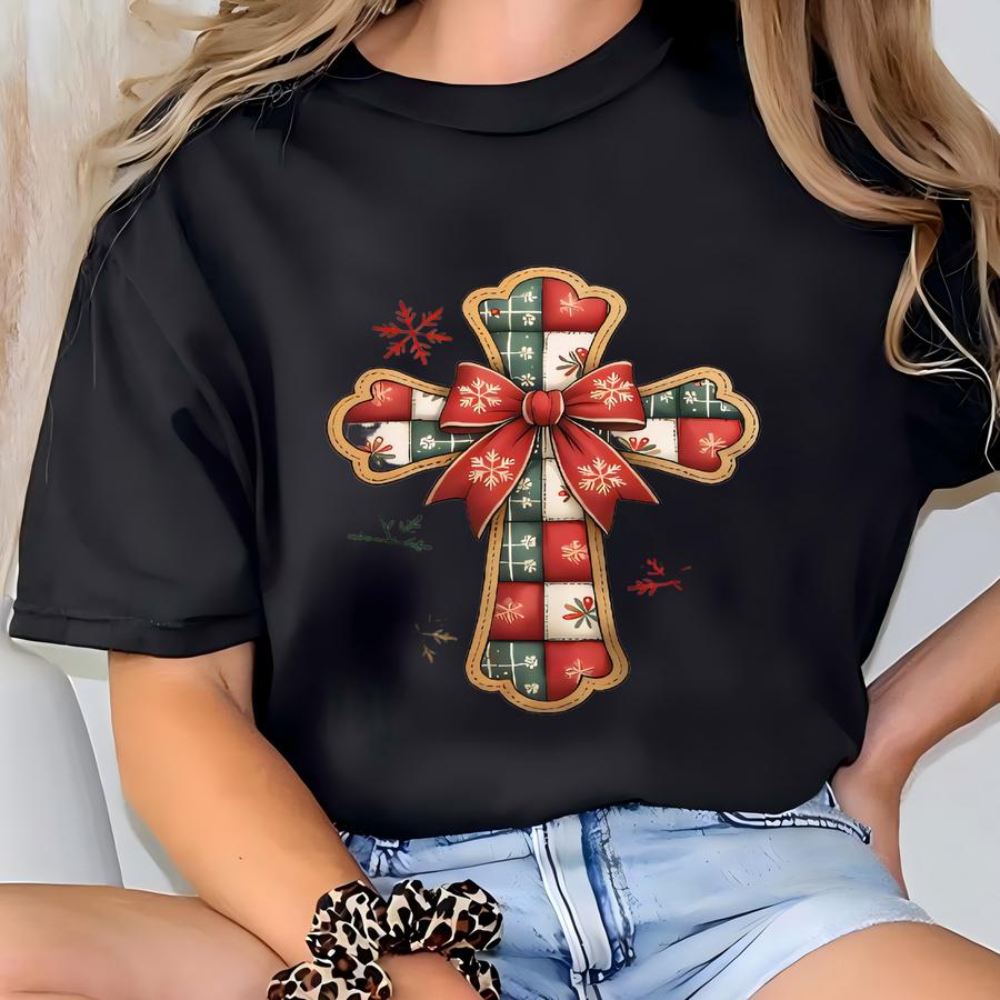 Christian Christmas Sweatshirt Faux Patchwork Cross Crewneck Faith Holiday Sweatshirt Jesus Christmas Shirt Religious Gift For Her Festive T-shirt