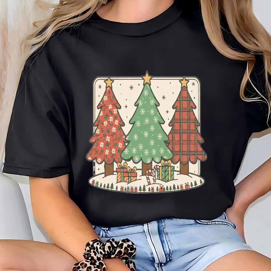 Patchwork Christmas Tree Sweatshirt,faux Patchwork Christmas Sweatshirt,vintage Holiday Quilted Shirt,christmas Tree Sweater,plaid Christmas T-shirt