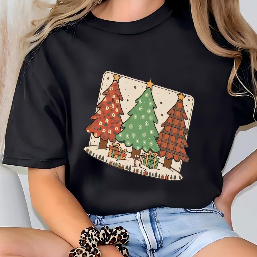 Patchwork Christmas Tree Shirt,faux Patchwork Christmas Shirt,vintage Holiday Quilted Shirt,christmas Tree Sweatshirt,plaid Christmas Shirt T-shirt