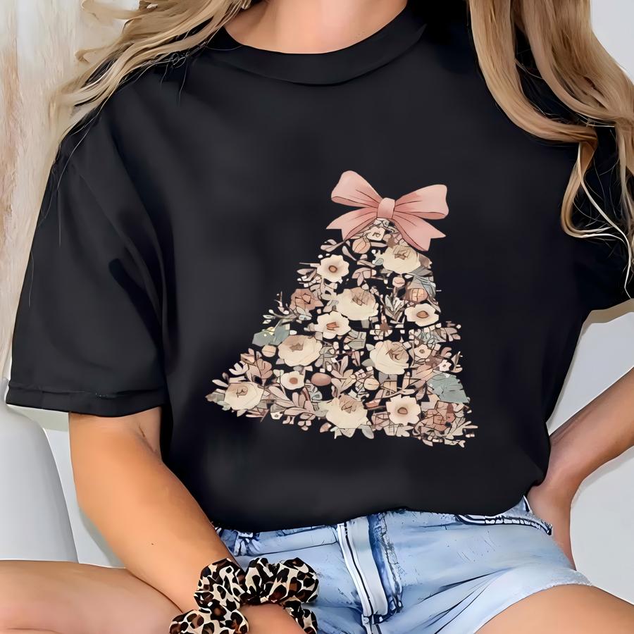 Floral Christmas Tree Sweatshirt,christmas Tree Crewneck,coquette Bow Shirt,holiday Xmas Crewneck,cute Merry And Bright Sweatshirt,cute Xmas T-shirt