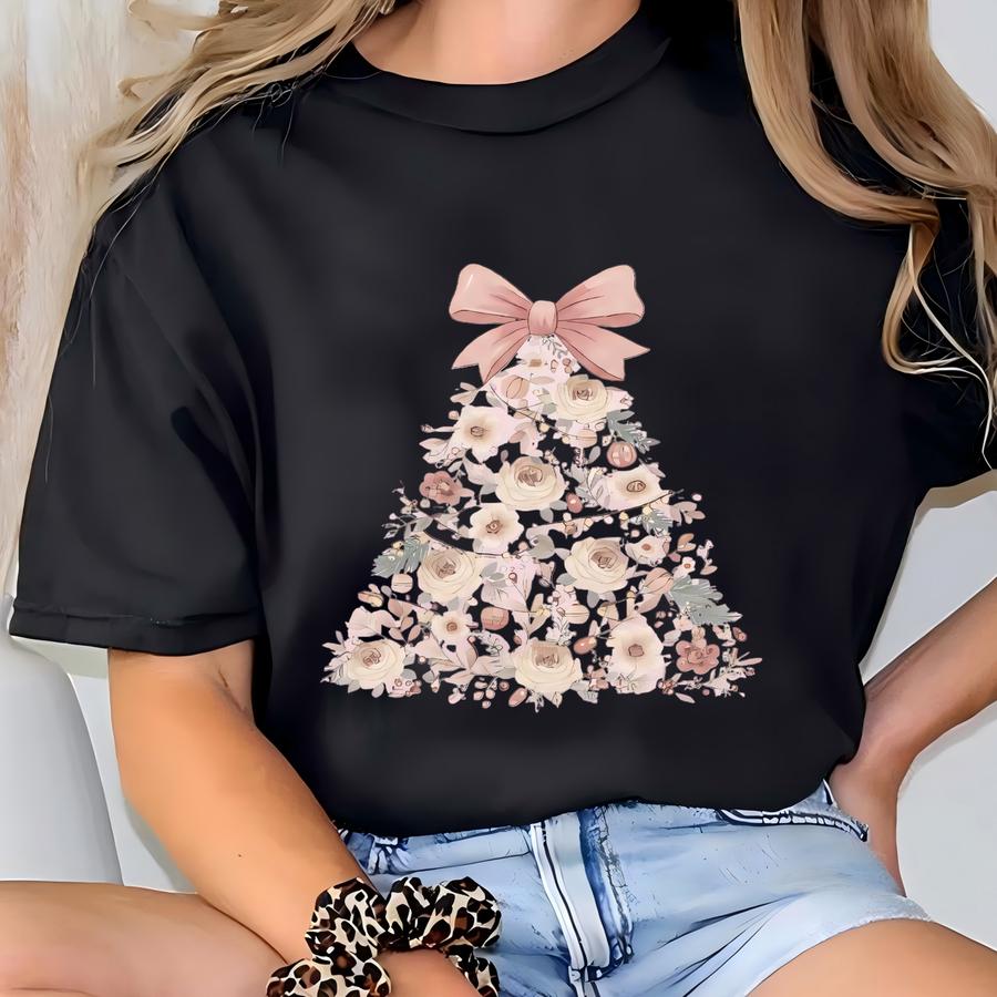 Floral Christmas Tree Sweatshirt,christmas Tree Crewneck,coquette Bow Shirt,holiday Xmas Crewneck,cute Merry And Bright Sweatshirt,cute Xmas T-shirt