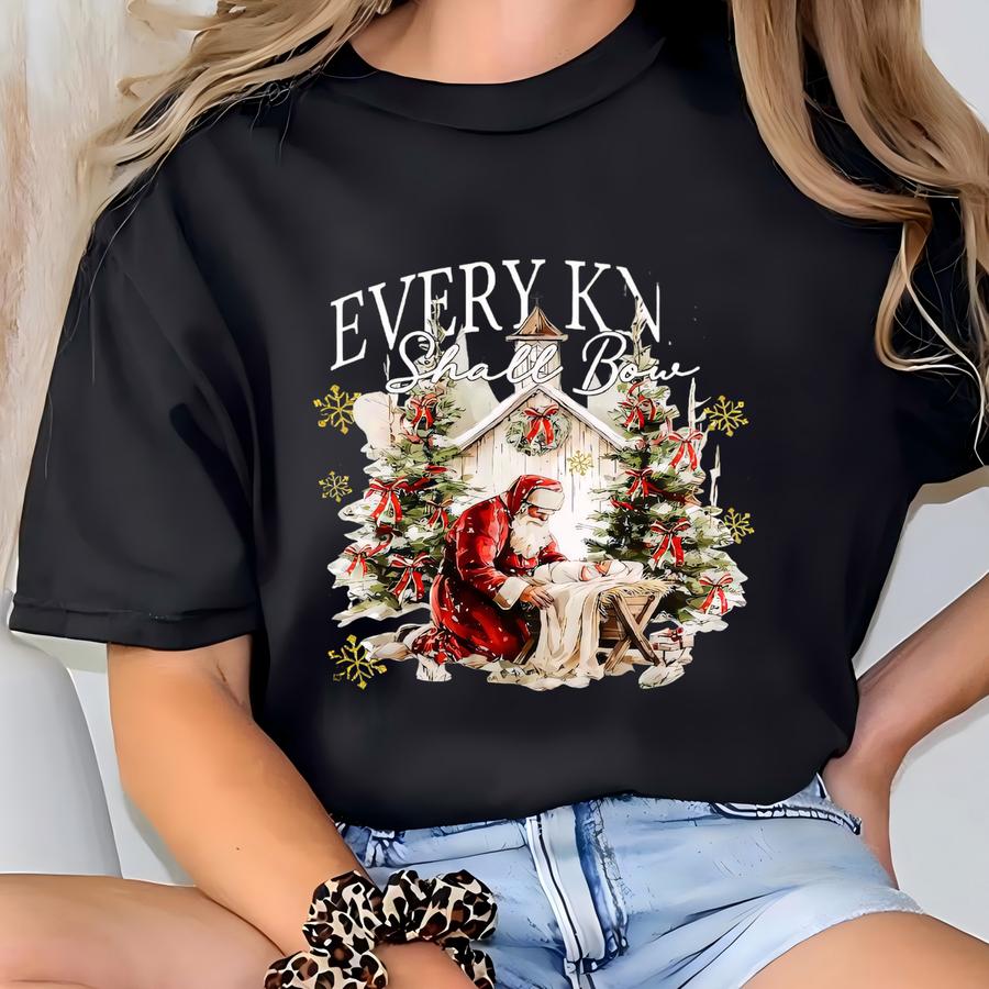 Every Knee Shall Bow Shirt, Christmas Nativity Scene Shirt, Religious Christmas Shirt, Santa Claus Christmas Shirt, Jesus Christian Shirt T-shirt