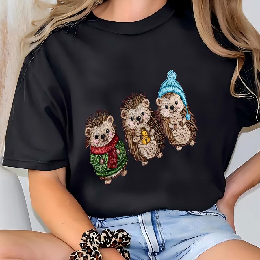 Cute Hedgehogs Sweatshirt, Winter Christmas Animal Shirt, Kawaii Hedgehog Crewneck, Cozy Holiday Gift For Her T-shirt