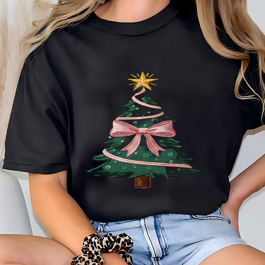 Festive Pink Ribbon Christmas Tree Quarter-zip, Holiday Pullover, Cute Xmas Sweater, Winter Y Apparel Gift T-shirt