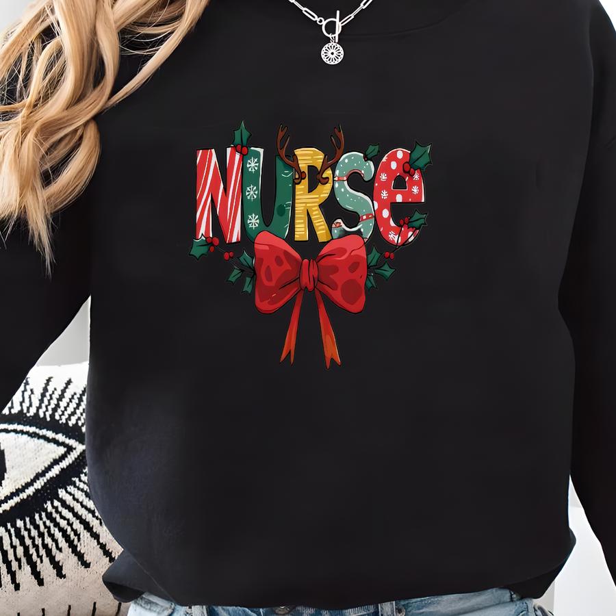 Custom Christmas Nurse Sweatshirt, Personalized Name Crewneck, Holiday Stethoscope Design Hoodie Sweatshirt