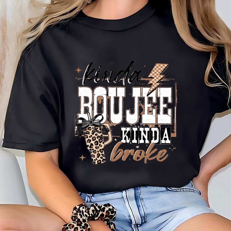 Coquette Choco Leopard Kinda Boujee Kinda Broke Shirt, Coquette Bow Snarky Shirt, Antisocial Shirt, Sarcastic Womens Shirts T-shirt