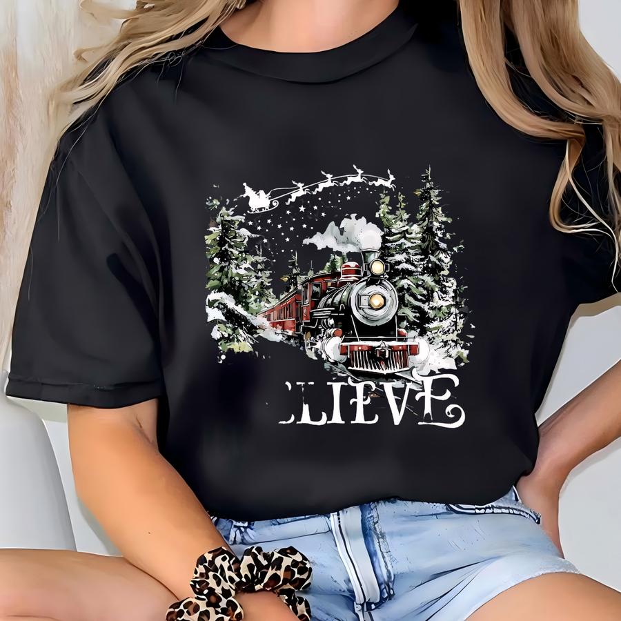 Believe North Pole Train Shirt, Christmas Train Shirt, Christmas Vacation Shirt, Festive Holiday Shirt, Winter Season Tee T-shirt
