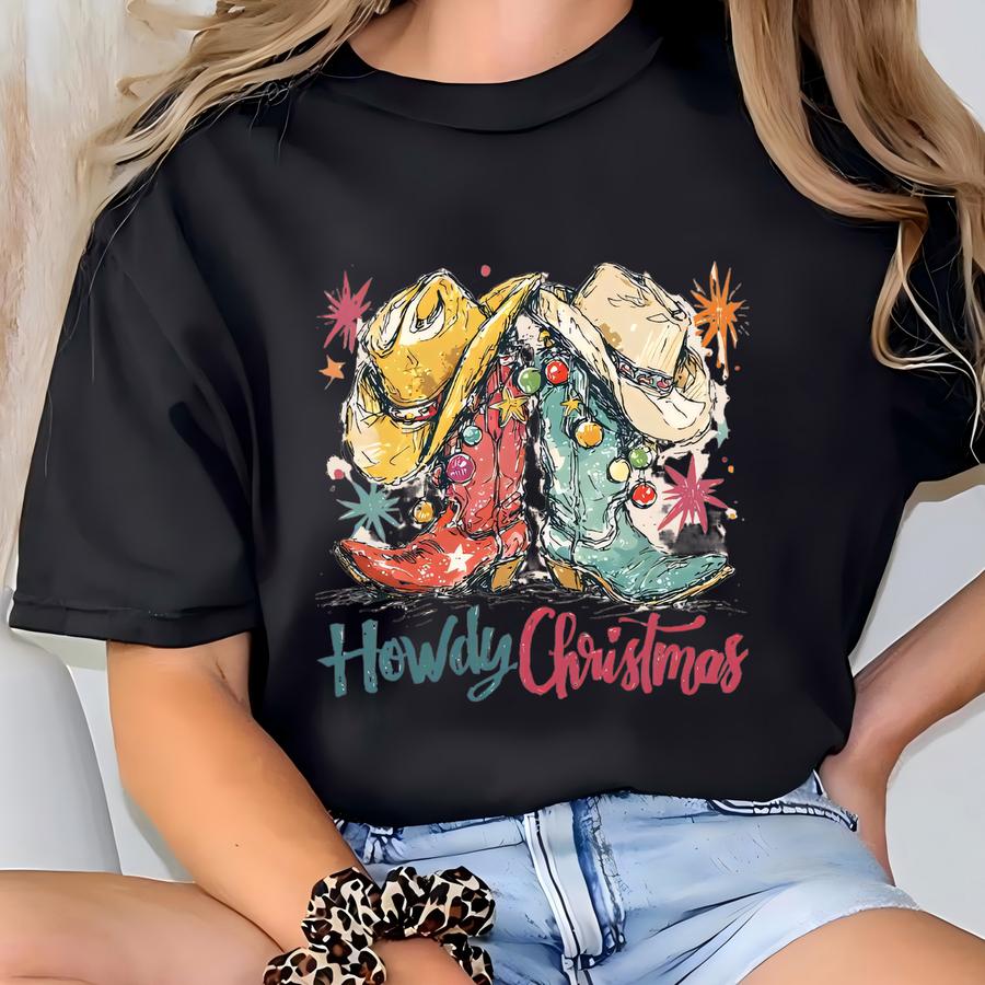 Howdy Christmas Boots Shirt, Western Christmas Shirt, Christmas Cowgirl Shirt, Cowboy Christmas Shirt, Howdy Xmas Boots Tee, Xmas Party Gift T-shirt