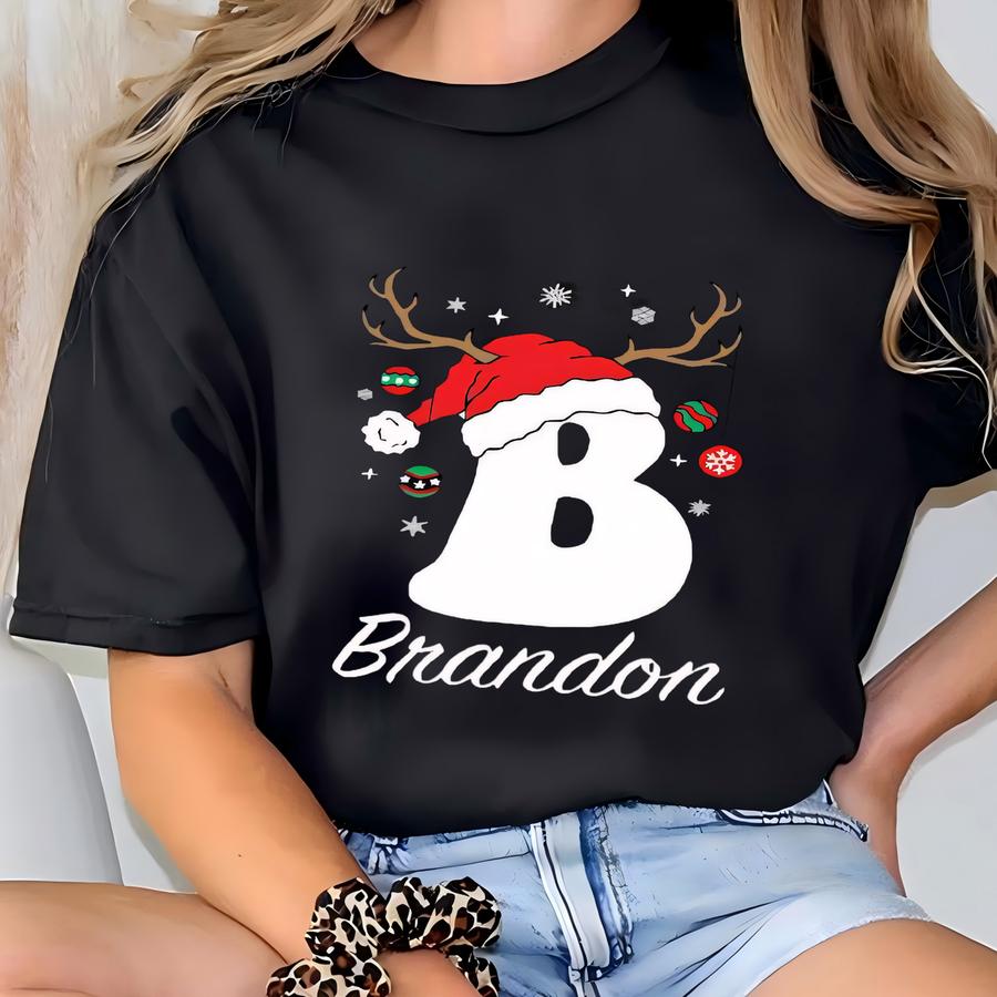 Custom Family Christmas Letter Shirt, Personalized Initial Reindeer Shirt, Matching Holiday Name Tee, Cute Xmas Gift For Family Or Kids T-shirt