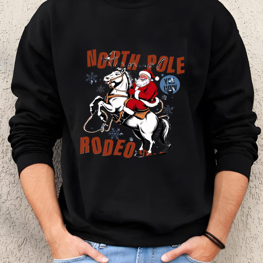 North Pole Rodeo Crewneck Unisex Country Christmas Western Christmas Cowboy Santa Claus Shirt Vintage Groovy Festive Sweatshirt Santa Rodeo Sweatshirt