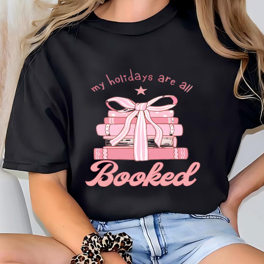 My Holidays Are All Booked Christmas Pink Sweatshirt, Cute Women's Holiday Hoodie, Bookish Girl Gift Sweat, Bookworm Christmas Crewneck T-shirt