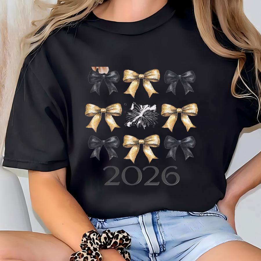 2026 New Year's Adult Shirt, Women's New Year's Eve Party Hoodie, Black And Gold Coquette Bow Short Sve Shirt, 2026 Nye Girls Bows Tee T-shirt