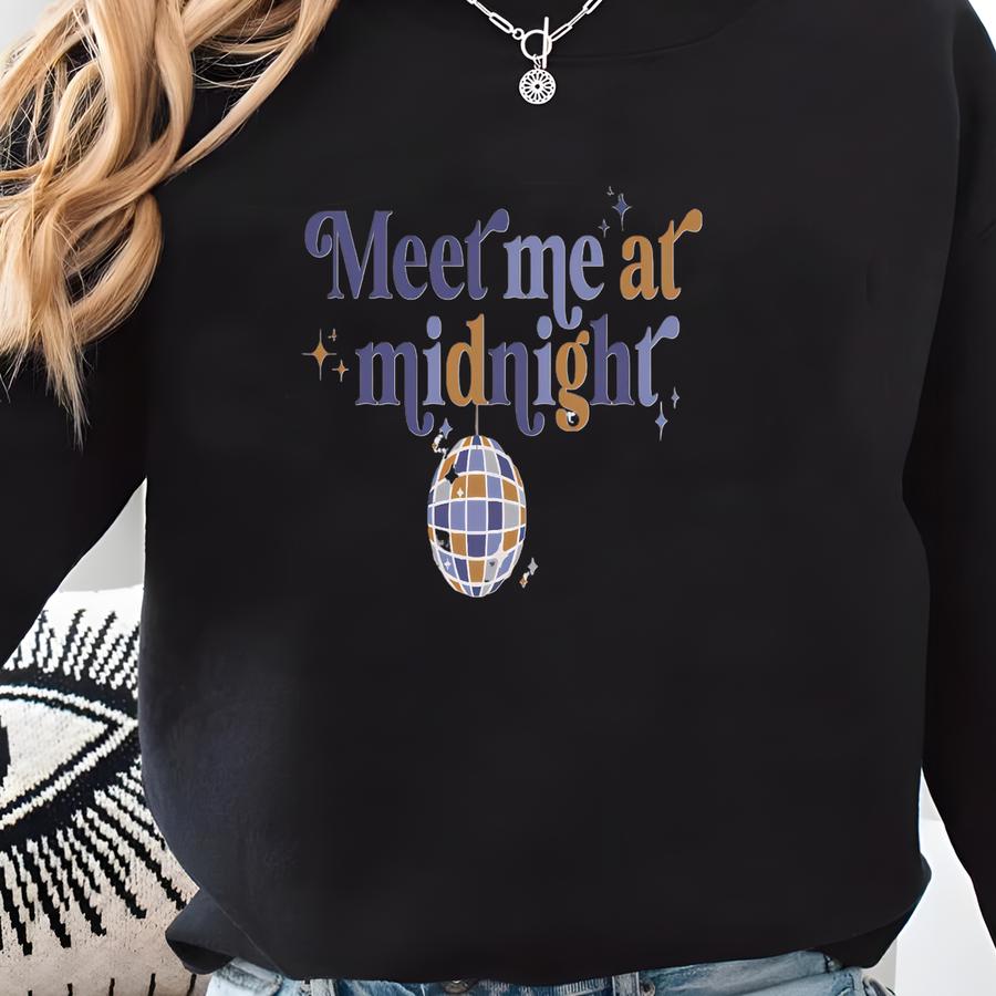 Meet Me At Midnight New Year's Shirt, Adult New Years Eve T-shirt, Disco Ball, Retro Nye Party Girls Outfit, Women's New Years Outfit Sweatshirt