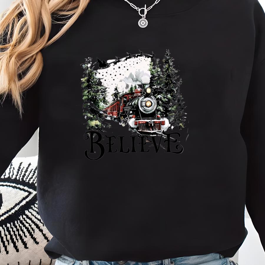 Believe Christmas Sweatshirt, Polar Express Train Hoodie, Vintage Holiday Crewneck, Cozy Winter Outfit, Festive Christian Gift, Xmas Sweater Sweatshirt