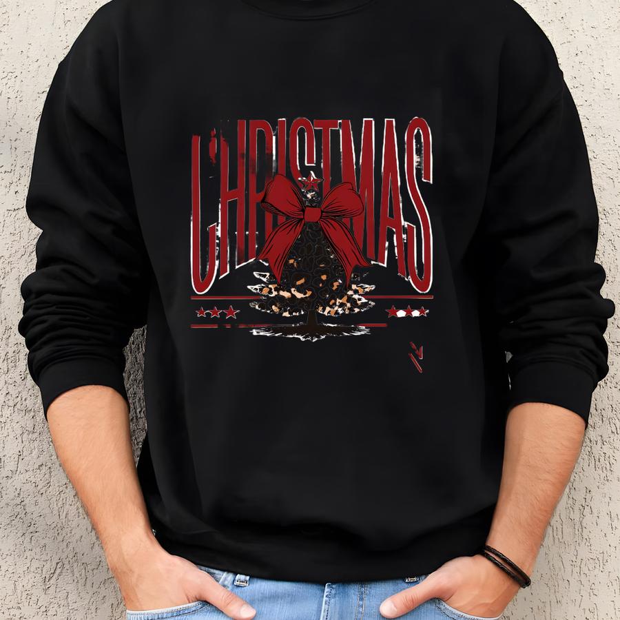 Leopard Christmas Tree Sweater, Red Bow Xmas Gifts, New Year Holiday Sweatshirt, Christmas Season Shirt Sweatshirt